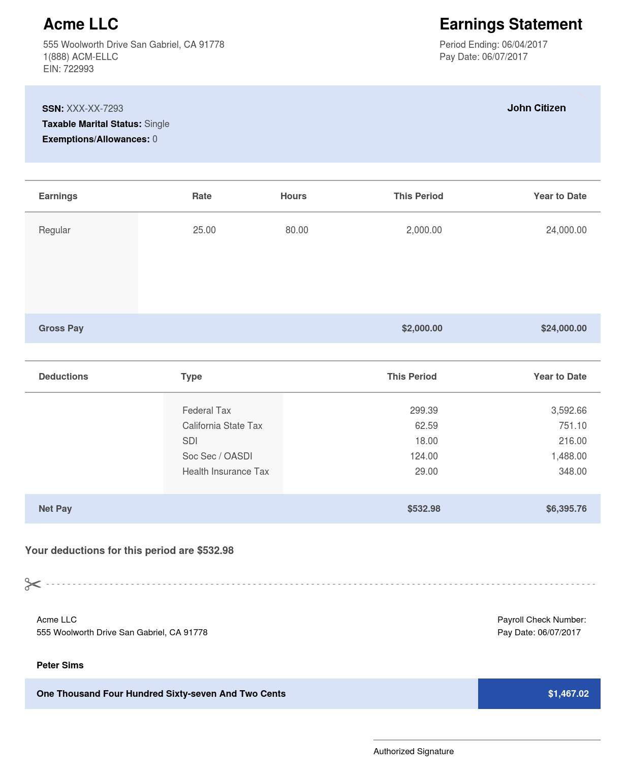 Download USA CALIFORNIA ACME LLC  earning statement in word and pdf formats Photoshop template